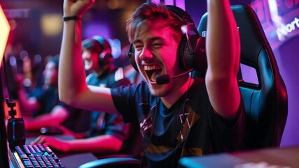An esports player joyfully celebrates after a significant win, raising hands in triumph amidst a colorful arena filled with enthusiastic fans and teammates.
