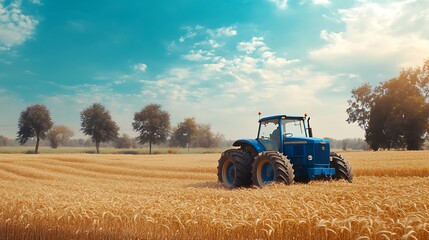 Blue tractor working in a field of wheat under a blue sky with puffy clouds.