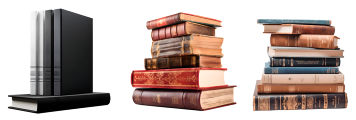 Set of Stacks of Books, isolated on transparent background, realistic 3D illustration, generative ai