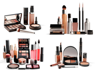 Set of Mock-up of Cosmetics Set, isolated on transparent background, luxury cosmetics concept, realistic design illustration, generative ai