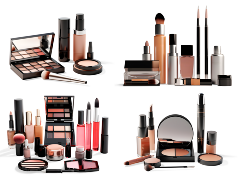 Set of Mock-up of Cosmetics Set, isolated on transparent background, luxury cosmetics concept, realistic design illustration, generative ai
