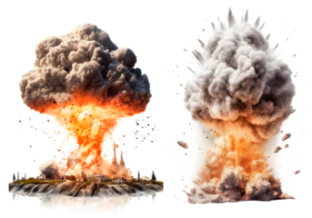 Set of Nuclear Explosion of City, isolated on transparent background, danger of nuclear war concept, realistic 3D illustration, generative ai