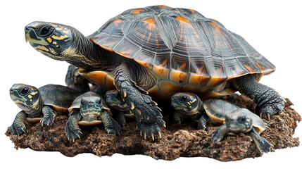Fototapeta premium Mother turtle and baby turtles on a PNG background