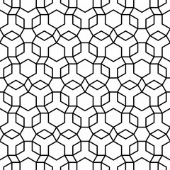 Seamless black and white geometric pattern consisting of interlocking lines forming hexagons and other geometric elements. Suitable for various creative projects or decorative elements.