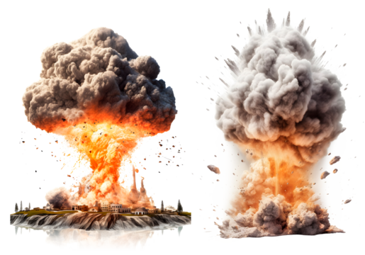 Set of Nuclear Explosion of City, isolated on transparent background, danger of nuclear war concept, realistic 3D illustration, generative ai