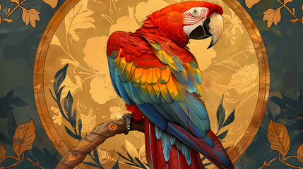 Obraz premium Art nouveau artistic image of Scarlet Macaw in a round shape
