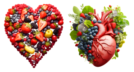 Set of Heart with the Fruits Part concepts, isolated on transparent background, healthy food concept and vitamins, realistic design illustration, generative ai