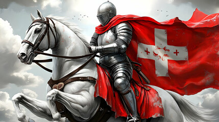 A Brave Knight in Full Armor Rides a White Horse, His Red Cape Flowing Behind Him, While Carrying a White Cross Flag with a Red Background, Flying in the Wind
