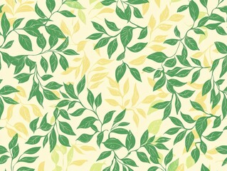 Repeating Pattern of Stylized Leaves and Vines in Green and Yellow Tones