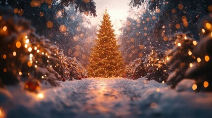 a magical winter wonderland with a resplendent christmas tree as the centerpiece twinkling lights shimmering ornaments and gently falling snow create a warm and inviting festive atmosphere
