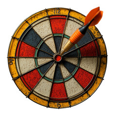 A dart stuck in a dartboard on a PNG  background. The dartboard is vibrant and colorful