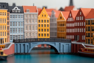 Colorful miniature buildings with a bridge over calm water.