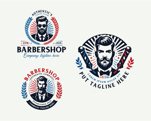 Naklejka premium Set bundle vintage barbershop gentleman beard and mustache logo for business company 
