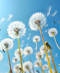 Dandelion blowing in the wind close up with blue sky background