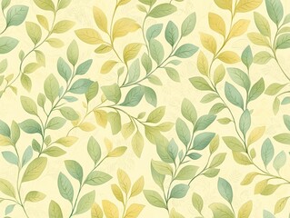 Seamless Repeating Pattern of Stylized Leaves and Vines in Shades of Green and Yellow