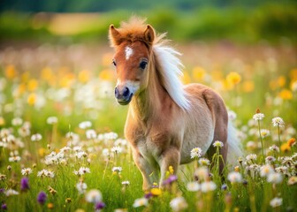 The small pony grazes peacefully in a lush meadow, surrounded by a vibrant tapestry of wildflowers in full bloom.