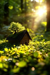 Miniature house with greenery surrounded by gentle sunlight in a forest setting.
