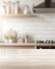 kitchen countertop with light wood cabinets in the background, close-up of empty space for product display