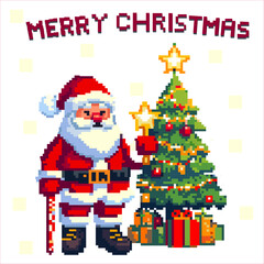 CHRISTMAS SANTA CLAUS. The illustration shows Santa Claus with a Christmas tree in pixel art style