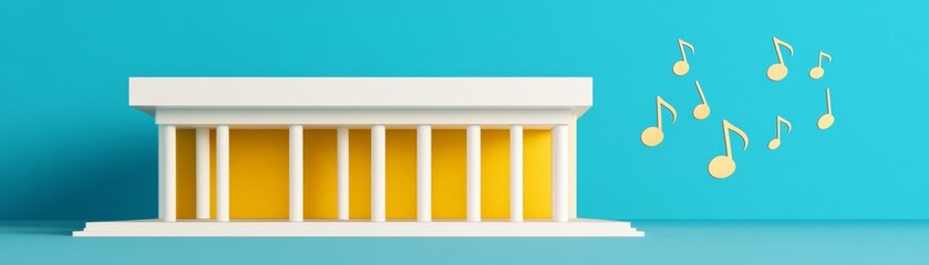 Modern architectural structure with musical notes, isolated on bright background.