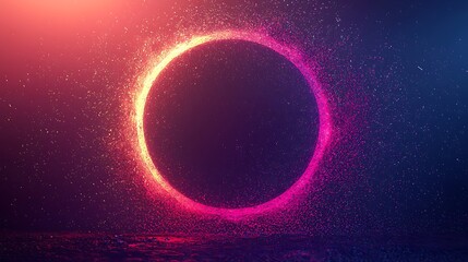 Obraz premium An abstract neon circle pulses with glowing particles, radiating light in all directions.