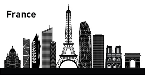 Naklejka premium A vector silhouette of a France city skyline—perfect for architectural branding, travel promotions, or custom designs. Fully editable for a variety of creative projects