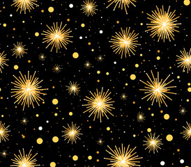 Seamless pattern of golden fireworks on the sky. Dark background for a fun and happy celebration.