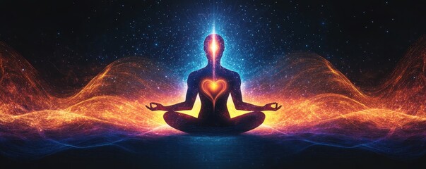 A serene figure meditating, surrounded by vibrant energy, embodying peace and spiritual awakening in a cosmic backdrop