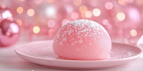 Soft pink mochi on pastel plate with warm bokeh lights in the background