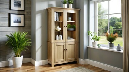 This sleek corner cabinet offers ample storage, beautifully enhancing the living space's ambiance and visual appeal.