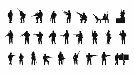 Collection of Military Soldier Silhouettes in Various Combat Poses and Weaponry Holding
