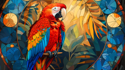 Obraz premium Art nouveau artistic image of Scarlet Macaw in a round shape