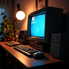 A nostalgic desk setup featuring vintage computer technology, highlighting retro design and old-fashioned monitors, keyboards, and accessories in a dimly lit ambiance