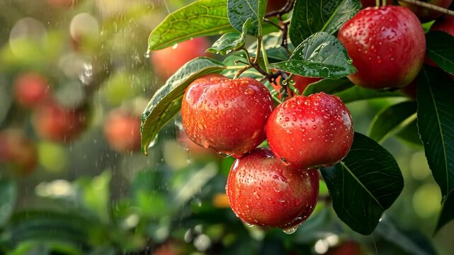 Acerola fruit ripe and glistening on the tree in a lush garden setting