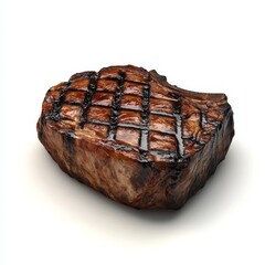 3D graphic of a juicy grilled steak with a perfectly charred surface, isolated on a white background