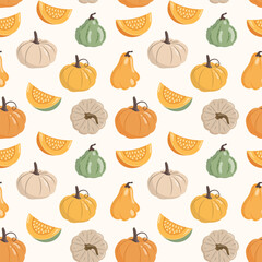 Seamless pattern with pumpkins and pumpkin pieces. Thanksgiving background, autumn harvest illustration