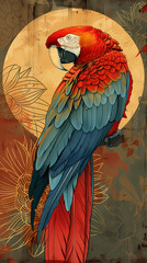 Fototapeta premium Art nouveau artistic image of Scarlet Macaw in a round shape