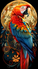 Obraz premium Art nouveau artistic image of Scarlet Macaw in a round shape
