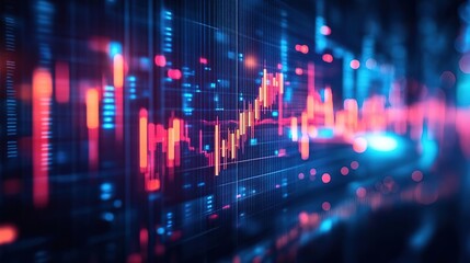 Obraz premium Vibrant digital data visualization showcasing stock market trends with dynamic graphs in blue and red colors.