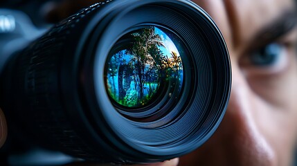 A photographer peers through the lens, palm trees reflected in the glass as they frame the shot.