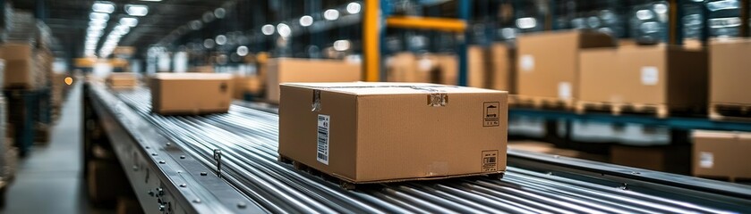 A close-up view of packages moving on a conveyor belt within a modern warehouse, showcasing efficient logistics and packaging.