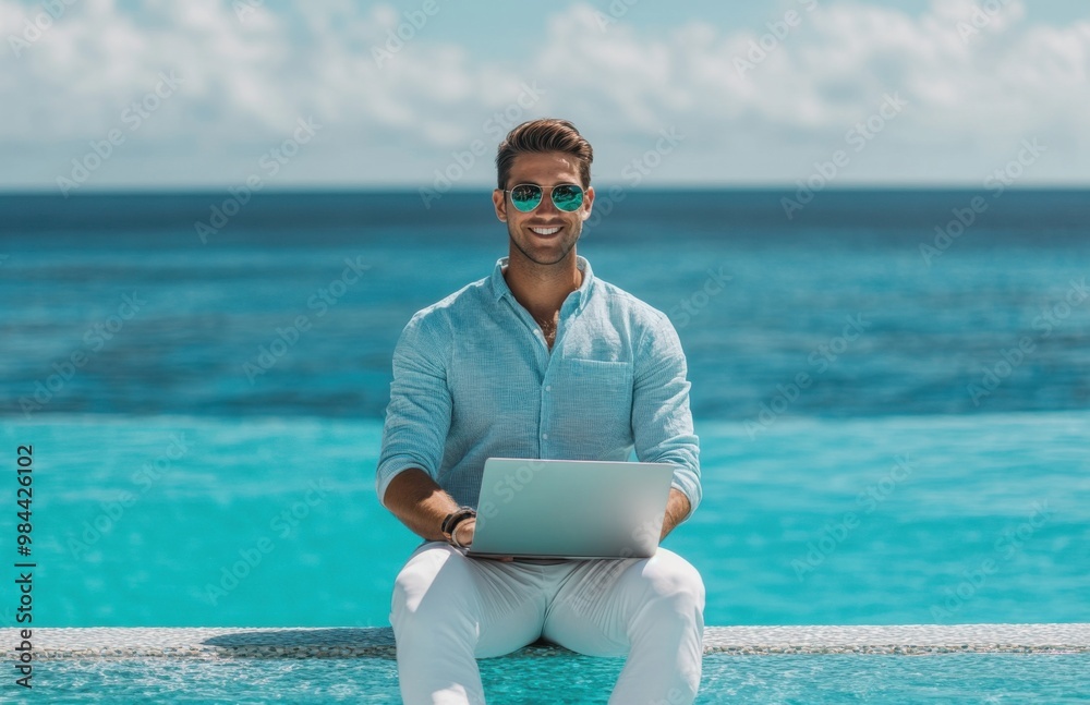 Poster a handsome man in casual sits on the edge of an infinity pool with his laptop. he smiles at the came