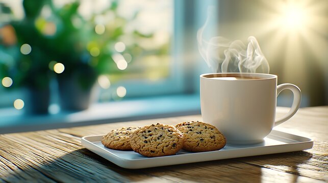 Warm coffee and cookies glow in the soft sunlight streaming through a window.