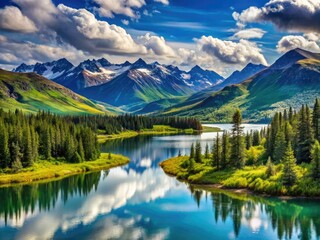 Fototapeta premium Towering peaks pierce the sky, their rugged beauty softened by the verdant trees and calm lake, bathed in the radiant blue of a summer day in Alaska.