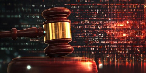 Judge's Gavel with Cybercrime Symbols in Background