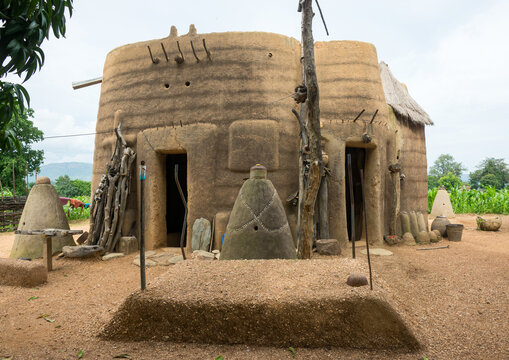 Benin, West Africa, Boukoumb&eacute;, voodoo altars in front of a traditional tata somba house