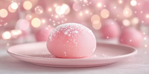 Soft pink mochi on pastel plate with warm bokeh lights in the background