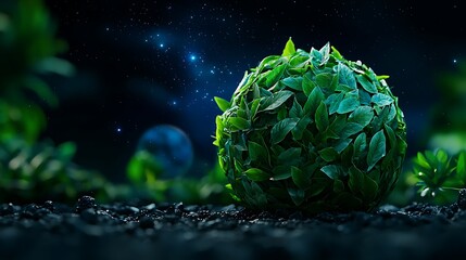Fototapeta premium A glowing green sphere sits on dark ground beneath a starry night sky.