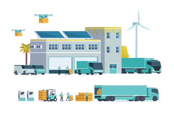 Modern flat Illustration of Green Sustainable Warehouse Building, storage. truck and container. Warehouse Management, Logistic Management. vector illustration
