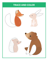 Trace and color animals game. Educational game for young children.